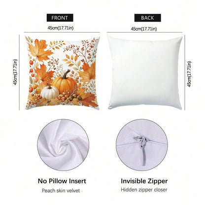 Autumn Pumpkin Maple Leaf Berry Cushion Cover 4pcs Set, Single-Sided Printed Peach Skin Velvet Polyester Material, 45*45CM Pillow Covers For Modern Fabric Sofa Indoor Decoration, Party Decor, Gift Giv