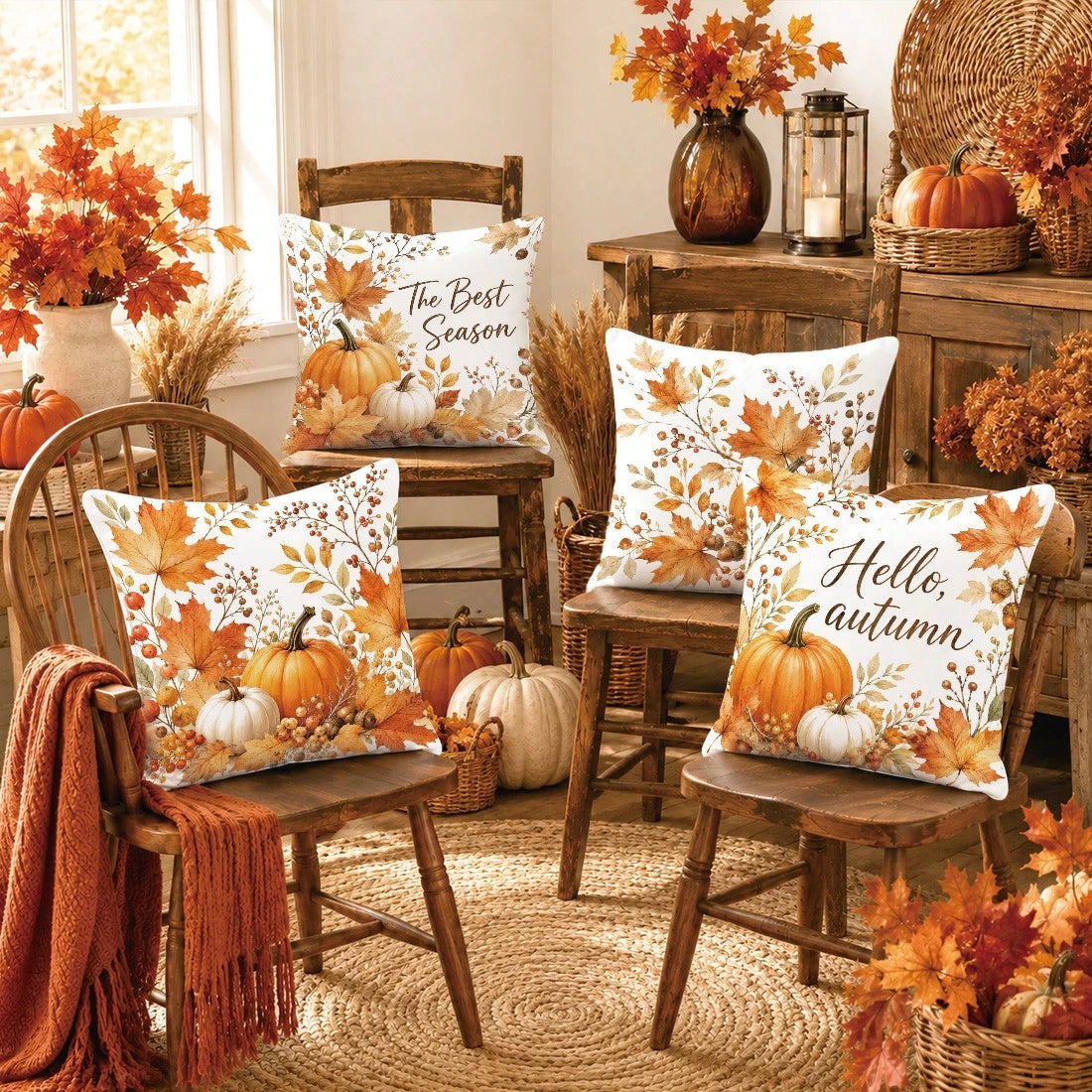 Autumn Pumpkin Maple Leaf Berry Cushion Cover 4pcs Set, Single-Sided Printed Peach Skin Velvet Polyester Material, 45*45CM Pillow Covers For Modern Fabric Sofa Indoor Decoration, Party Decor, Gift Giv