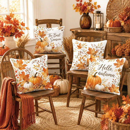Autumn Pumpkin Maple Leaf Berry Cushion Cover 4pcs Set, Single-Sided Printed Peach Skin Velvet Polyester Material, 45*45CM Pillow Covers For Modern Fabric Sofa Indoor Decoration, Party Decor, Gift Giv