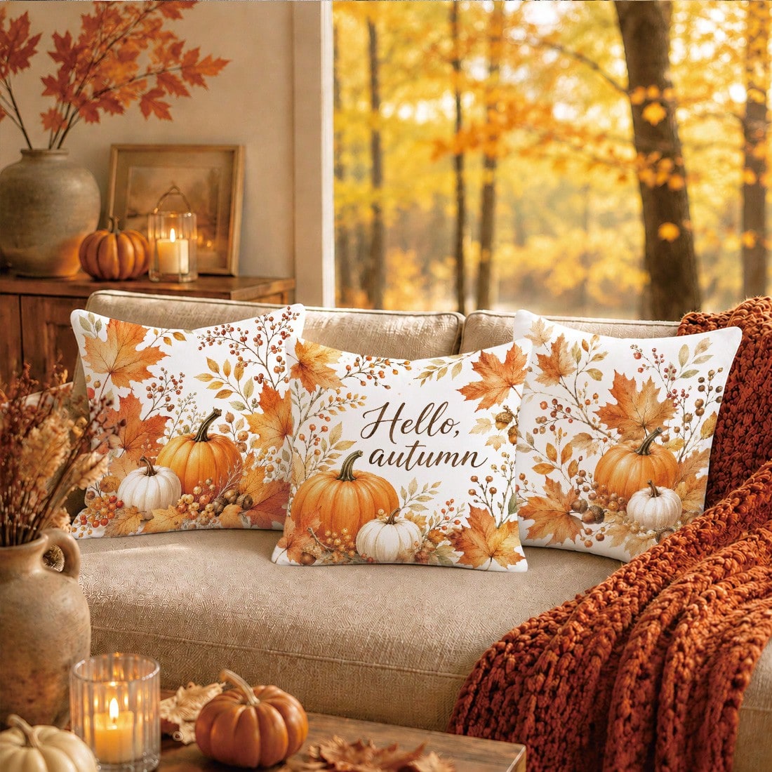 Autumn Pumpkin Maple Leaf Berry Cushion Cover 4pcs Set, Single-Sided Printed Peach Skin Velvet Polyester Material, 45*45CM Pillow Covers For Modern Fabric Sofa Indoor Decoration, Party Decor, Gift Giv