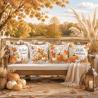 Autumn Pumpkin Maple Leaf Berry Cushion Cover 4pcs Set, Single-Sided Printed Peach Skin Velvet Polyester Material, 45*45CM Pillow Covers For Modern Fabric Sofa Indoor Decoration, Party Decor, Gift Giv