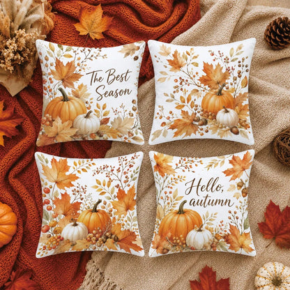 Autumn Pumpkin Maple Leaf Berry Cushion Cover 4pcs Set, Single-Sided Printed Peach Skin Velvet Polyester Material, 45*45CM Pillow Covers For Modern Fabric Sofa Indoor Decoration, Party Decor, Gift Giv