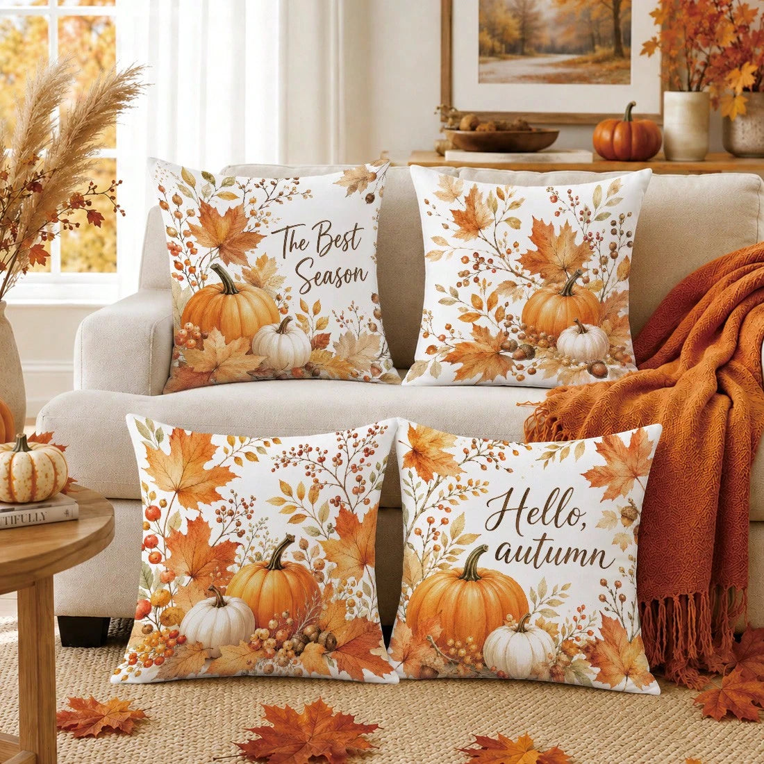 Autumn Pumpkin Maple Leaf Berry Cushion Cover 4pcs Set, Single-Sided Printed Peach Skin Velvet Polyester Material, 45*45CM Pillow Covers For Modern Fabric Sofa Indoor Decoration, Party Decor, Gift Giv