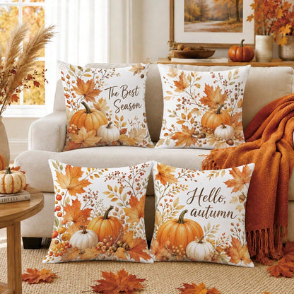Autumn Pumpkin Maple Leaf Berry Cushion Cover 4pcs Set, Single-Sided Printed Peach Skin Velvet Polyester Material, 45*45CM Pillow Covers For Modern Fabric Sofa Indoor Decoration, Party Decor, Gift Giv