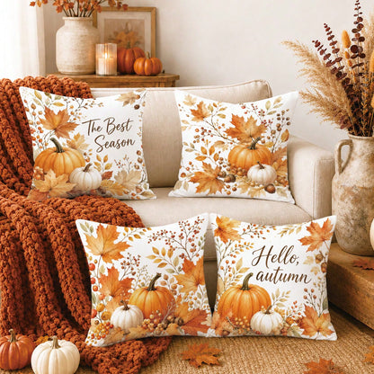 Autumn Pumpkin Maple Leaf Berry Cushion Cover 4pcs Set, Single-Sided Printed Peach Skin Velvet Polyester Material, 45*45CM Pillow Covers For Modern Fabric Sofa Indoor Decoration, Party Decor, Gift Giv