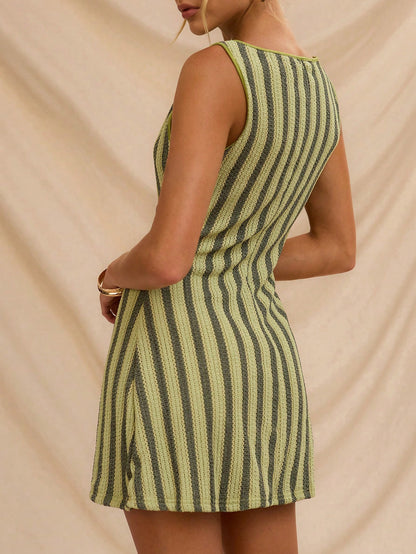 Avantive Green Stripe Summer 90s Retro 2000s Casual 70s Elegant Brunch Vacation Women Dress Beach Renaissance Fair Country Concert Y2k Graduation Festival Boho