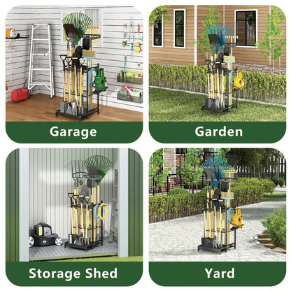 AXOSY-Portability Garden Tool Organizer With Wheels, Garage Storage And Organization, Metal Yard Tools Storage Heavy Duty Garden Tool Organizer For Garage, Yard, Patio, Shed, Indoors And Outdoors