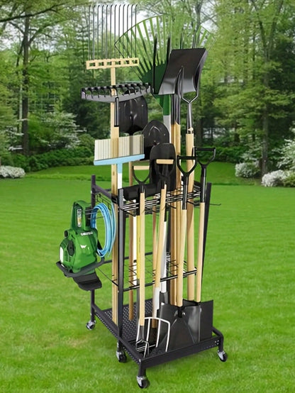AXOSY-Portability Garden Tool Organizer With Wheels, Garage Storage And Organization, Metal Yard Tools Storage Heavy Duty Garden Tool Organizer For Garage, Yard, Patio, Shed, Indoors And Outdoors