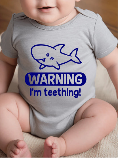 AYJK7 Shark WARNING I'M TEETHING Print Funny Newborn Clothes 100% Cotton Triangle Jumpsuit, Casual Comfortable Short Sleeve Baby Romper