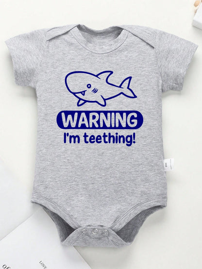 AYJK7 Shark WARNING I'M TEETHING Print Funny Newborn Clothes 100% Cotton Triangle Jumpsuit, Casual Comfortable Short Sleeve Baby Romper