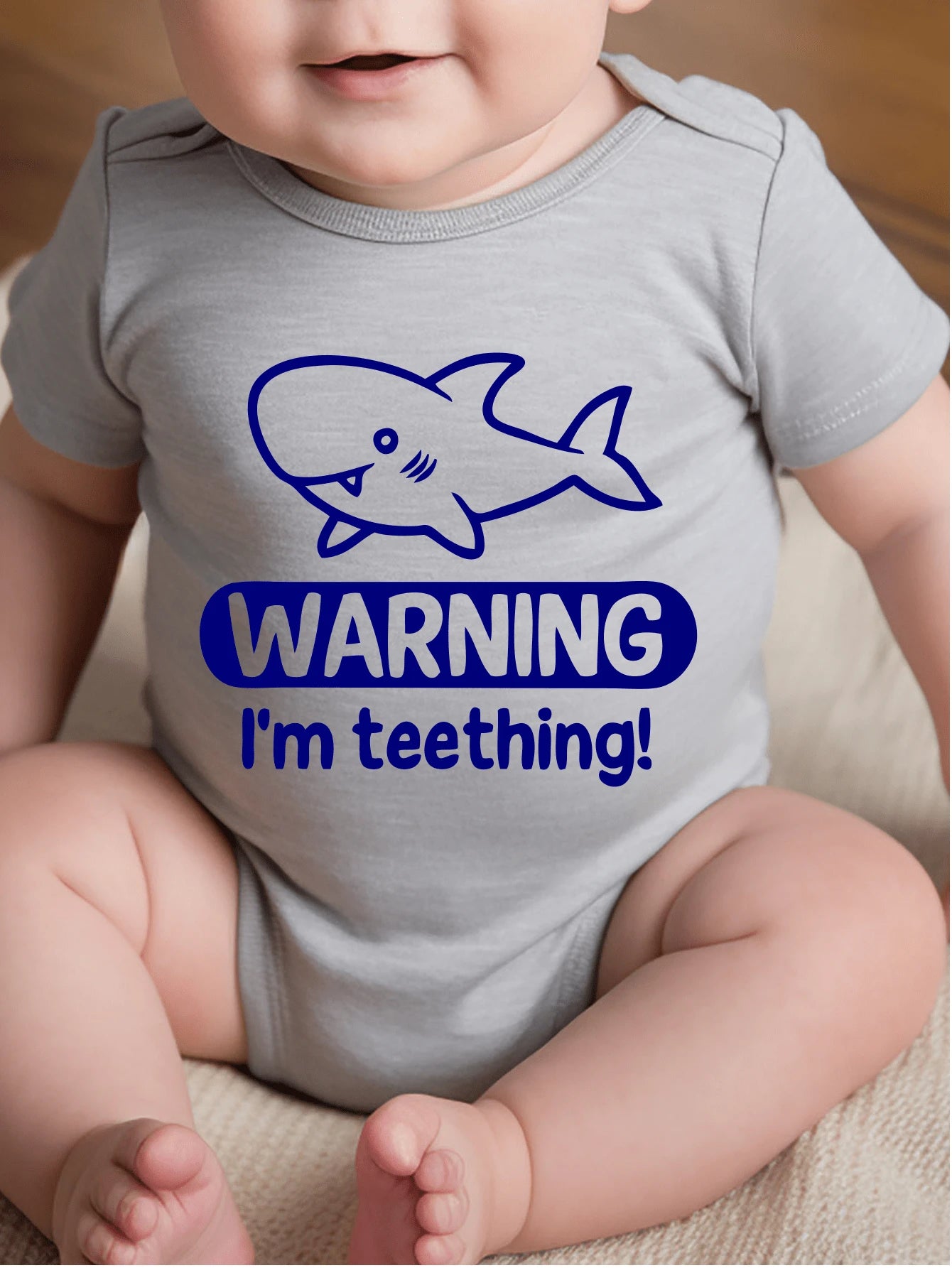 AYJK7 Shark WARNING I'M TEETHING Print Funny Newborn Clothes 100% Cotton Triangle Jumpsuit, Casual Comfortable Short Sleeve Baby Romper