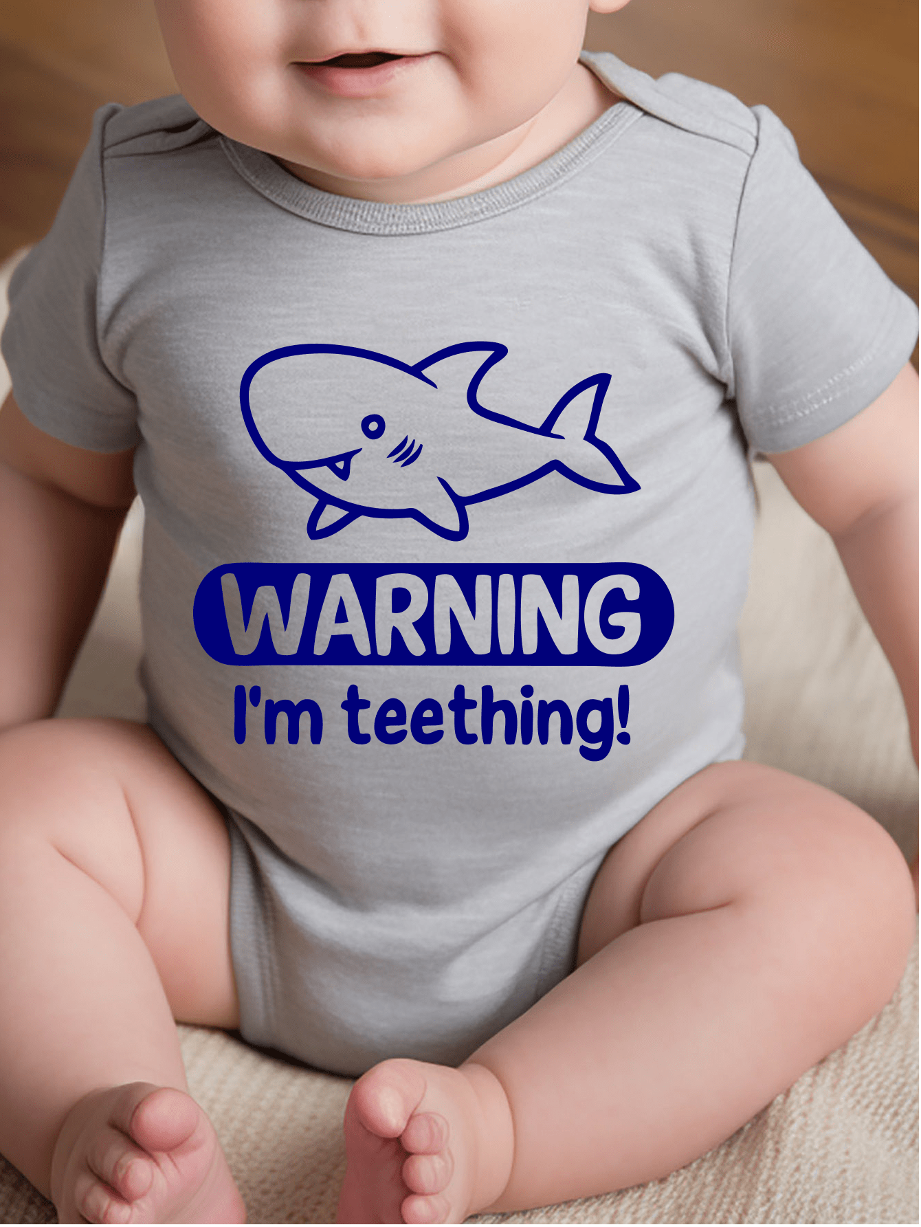 AYJK7 Shark WARNING I'M TEETHING Print Funny Newborn Clothes 100% Cotton Triangle Jumpsuit, Casual Comfortable Short Sleeve Baby Romper