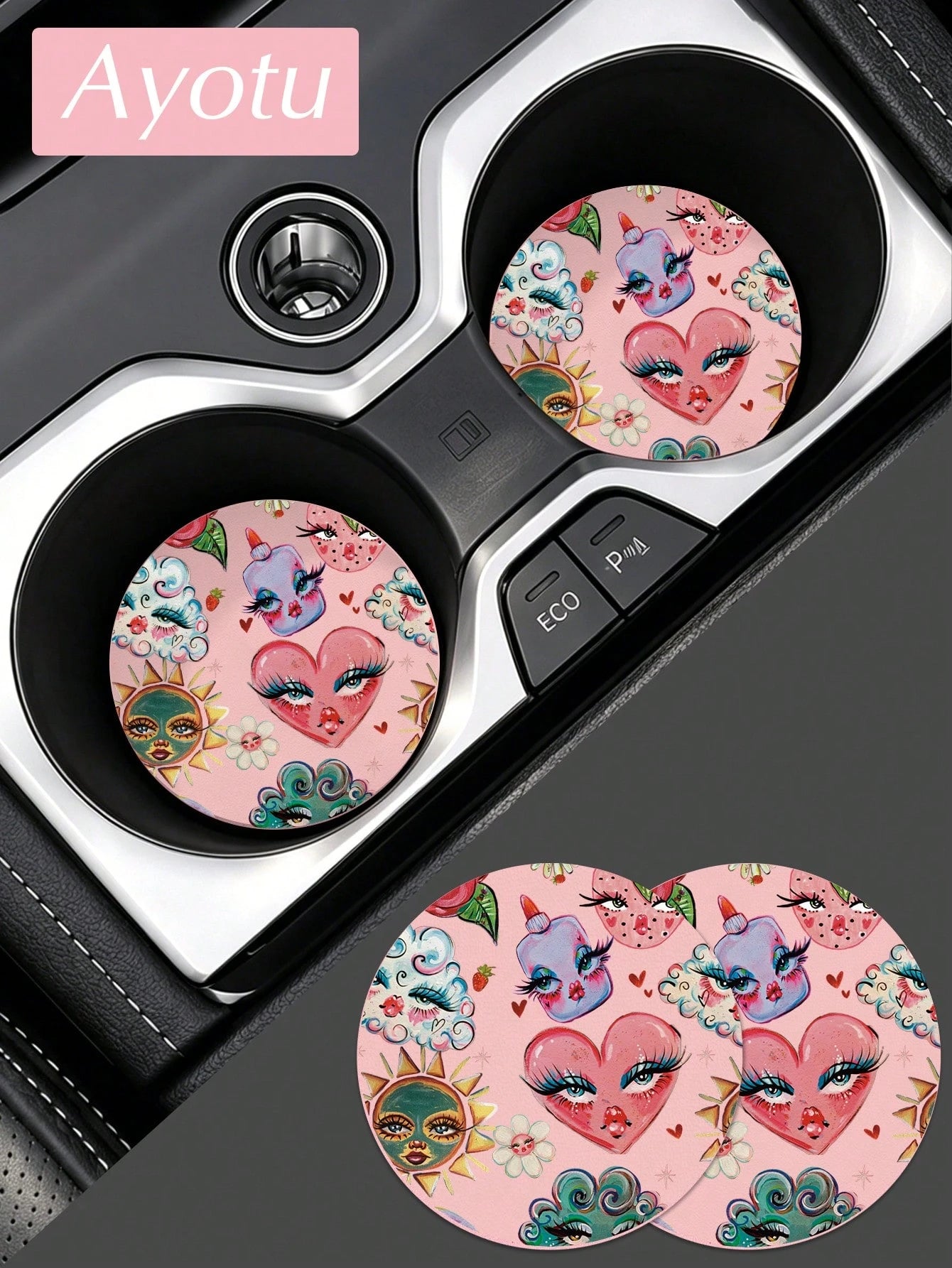 Ayotu Set Of 2 PU Leather Car Cup Coaster, Aesthetic Car Accessories, Luxury Interior Decor, Non Slip Waterproof Cup Holder Mat, Stylish Vehicle Decoration For Women Drivers