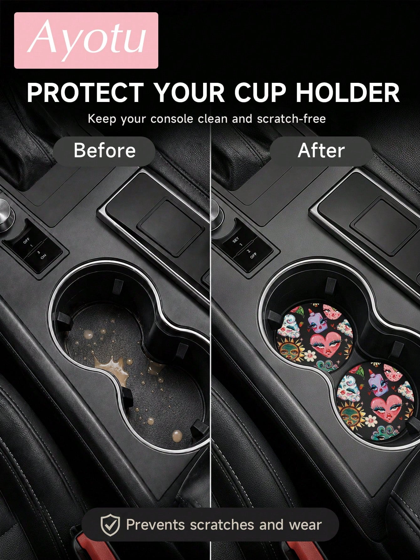 Ayotu Set Of 2 PU Leather Car Cup Coaster, Aesthetic Car Accessories, Luxury Interior Decor, Non Slip Waterproof Cup Holder Mat, Stylish Vehicle Decoration For Women Drivers
