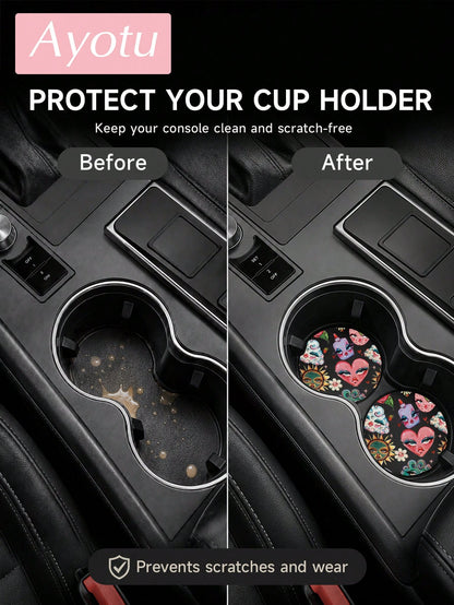 Ayotu Set Of 2 PU Leather Car Cup Coaster, Aesthetic Car Accessories, Luxury Interior Decor, Non Slip Waterproof Cup Holder Mat, Stylish Vehicle Decoration For Women Drivers