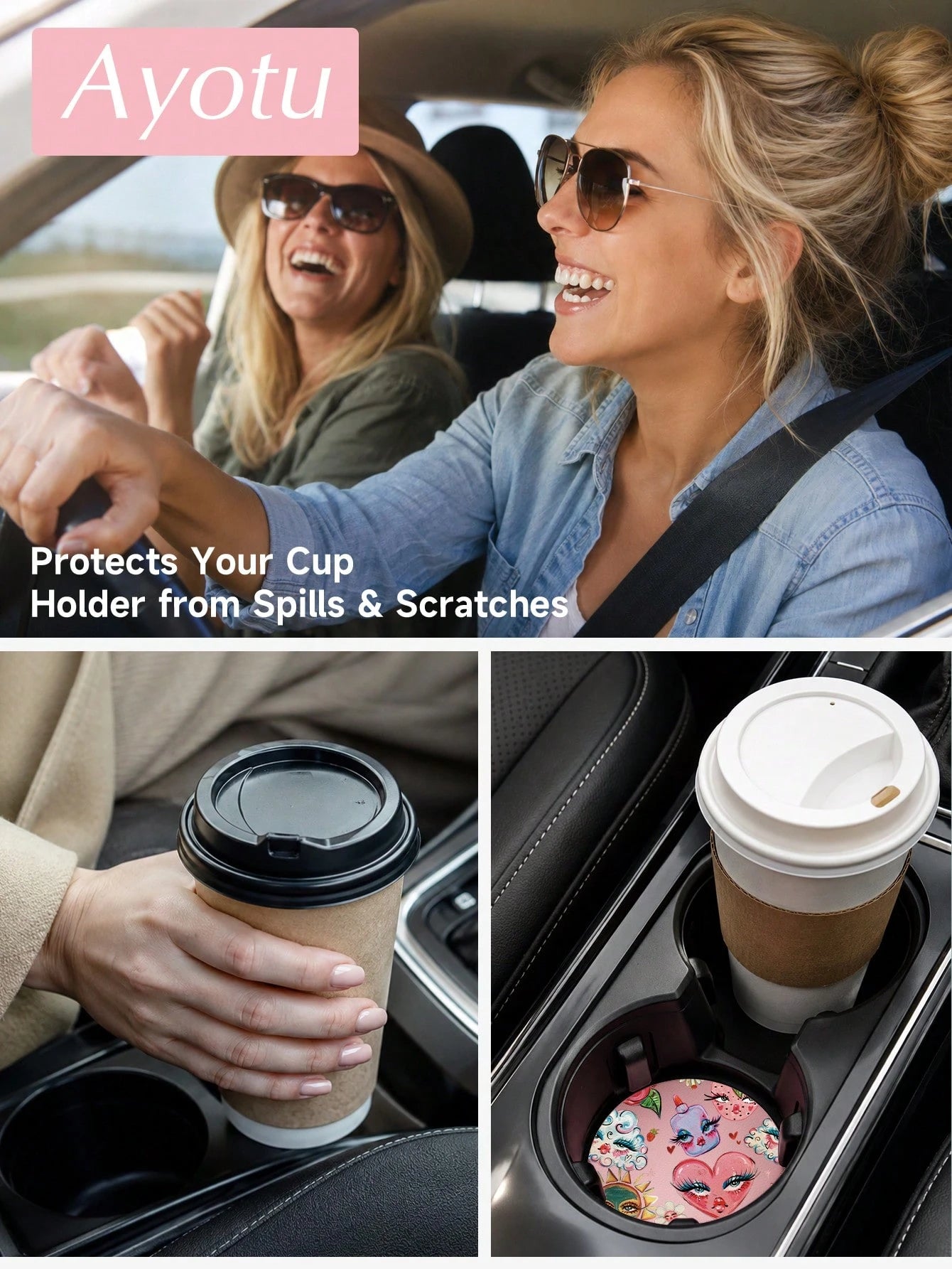 Ayotu Set Of 2 PU Leather Car Cup Coaster, Aesthetic Car Accessories, Luxury Interior Decor, Non Slip Waterproof Cup Holder Mat, Stylish Vehicle Decoration For Women Drivers