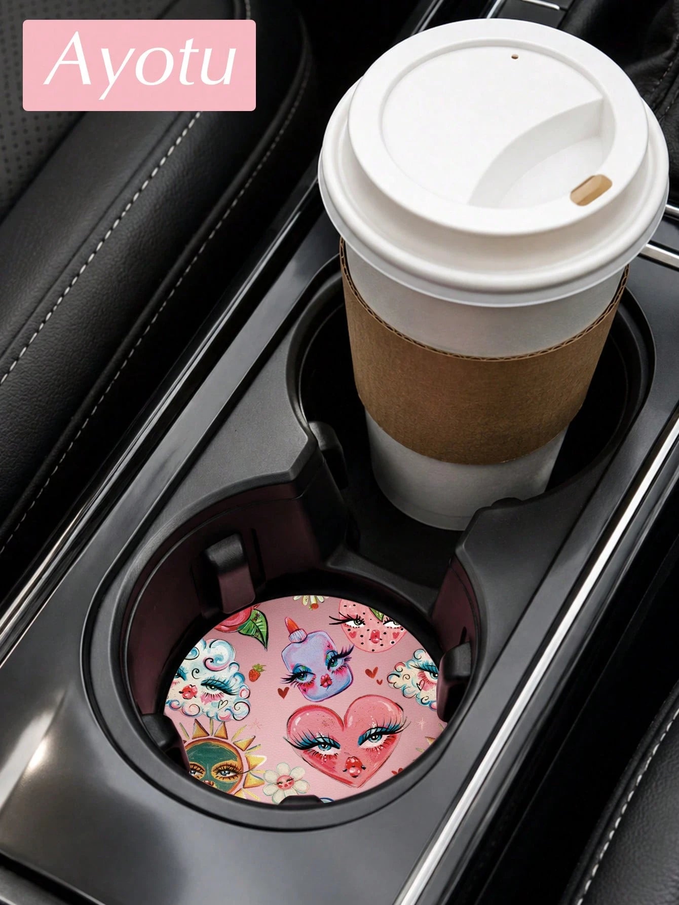 Ayotu Set Of 2 PU Leather Car Cup Coaster, Aesthetic Car Accessories, Luxury Interior Decor, Non Slip Waterproof Cup Holder Mat, Stylish Vehicle Decoration For Women Drivers