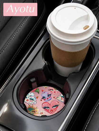 Ayotu Set Of 2 PU Leather Car Cup Coaster, Aesthetic Car Accessories, Luxury Interior Decor, Non Slip Waterproof Cup Holder Mat, Stylish Vehicle Decoration For Women Drivers
