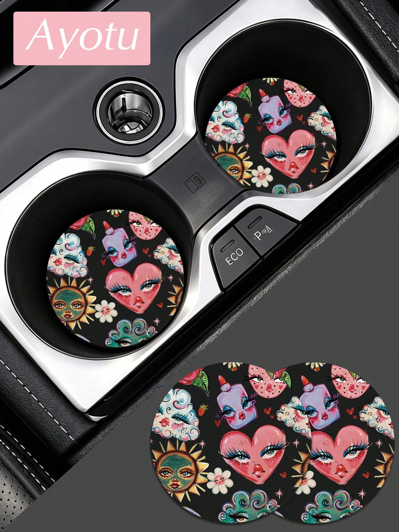 Ayotu Set Of 2 PU Leather Car Cup Coaster, Aesthetic Car Accessories, Luxury Interior Decor, Non Slip Waterproof Cup Holder Mat, Stylish Vehicle Decoration For Women Drivers