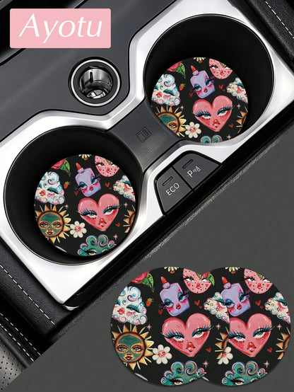 Ayotu Set Of 2 PU Leather Car Cup Coaster, Aesthetic Car Accessories, Luxury Interior Decor, Non Slip Waterproof Cup Holder Mat, Stylish Vehicle Decoration For Women Drivers