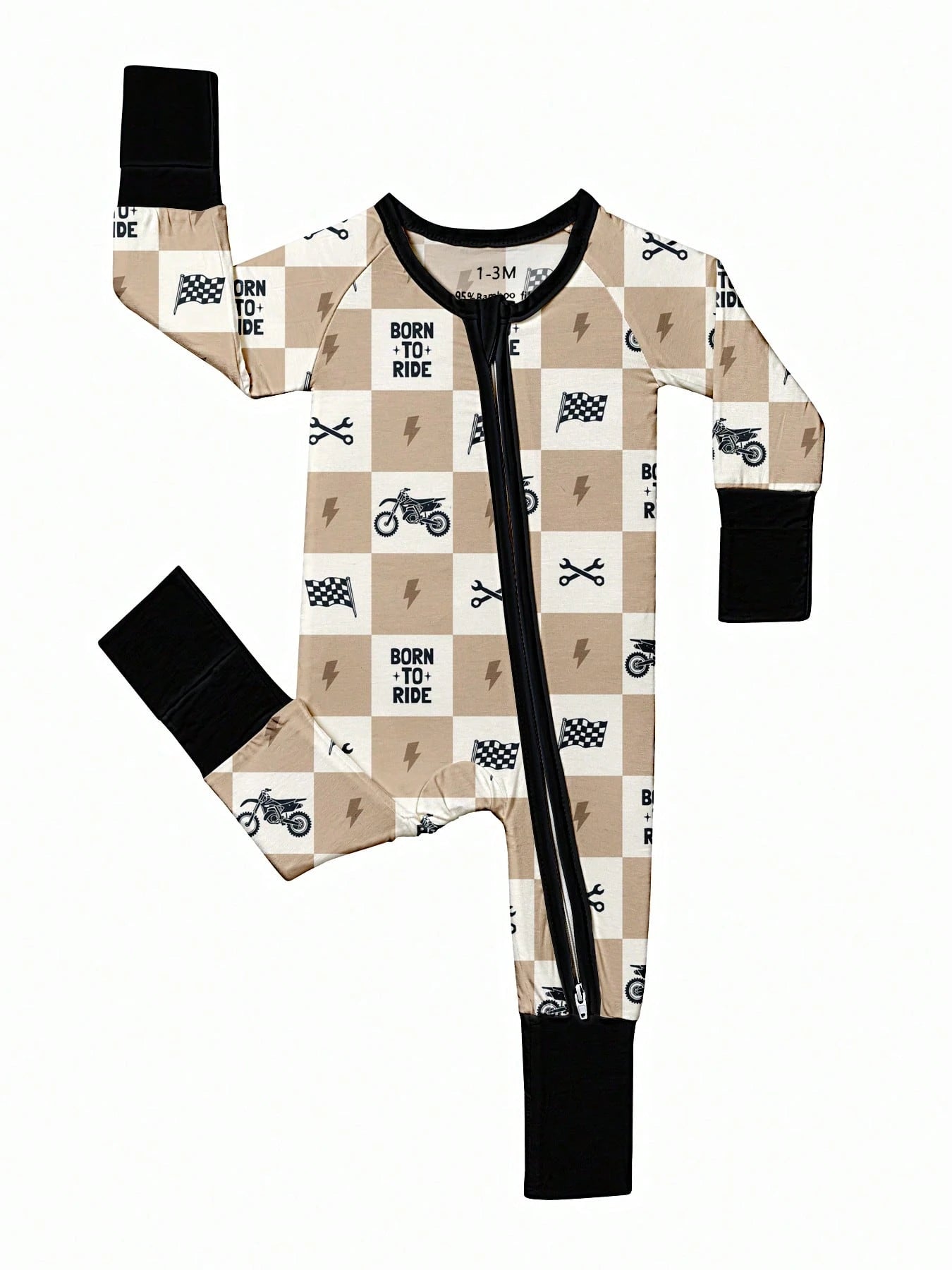 Baby Bamboo Fiber Zip-Up, Born To Ride Print Romper, All-Season Knit Fabric Skinny Fit With Zipper Detail, Boy Baby Clothes, Perfect For Outdoor
