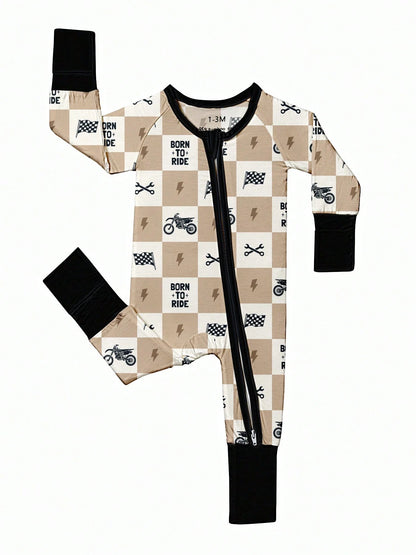 Baby Bamboo Fiber Zip-Up, Born To Ride Print Romper, All-Season Knit Fabric Skinny Fit With Zipper Detail, Boy Baby Clothes, Perfect For Outdoor