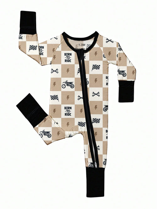 Baby Bamboo Fiber Zip-Up, Born To Ride Print Romper, All-Season Knit Fabric Skinny Fit With Zipper Detail, Boy Baby Clothes, Perfect For Outdoor