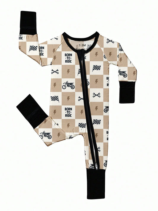 Baby Bamboo Fiber Zip-Up, Born To Ride Print Romper, All-Season Knit Fabric Skinny Fit With Zipper Detail, Boy Baby Clothes, Perfect For Outdoor
