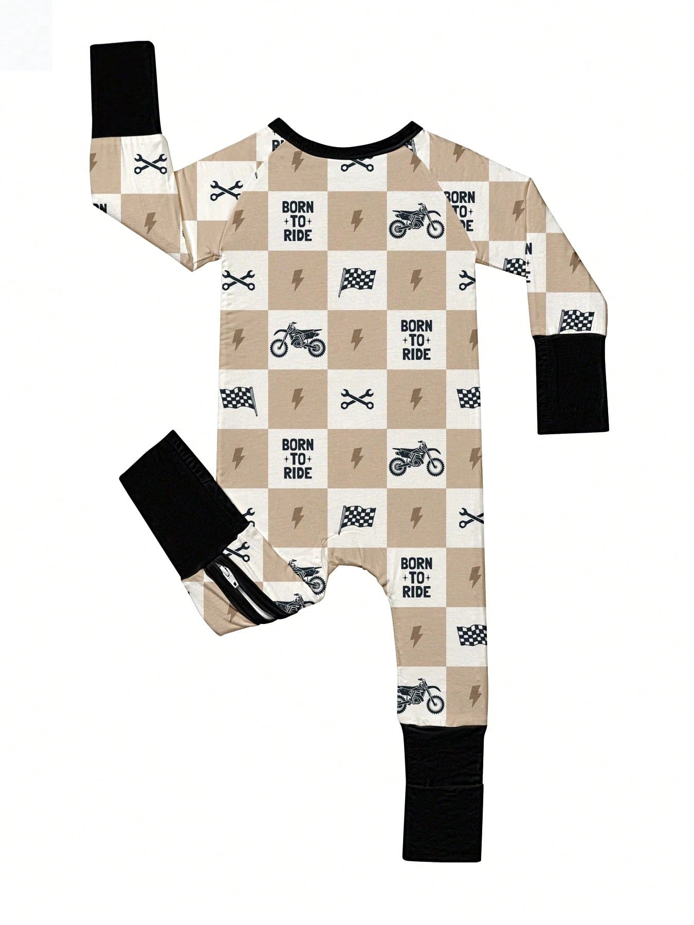 Baby Bamboo Fiber Zip-Up, Born To Ride Print Romper, All-Season Knit Fabric Skinny Fit With Zipper Detail, Boy Baby Clothes, Perfect For Outdoor