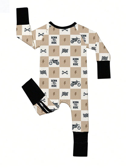 Baby Bamboo Fiber Zip-Up, Born To Ride Print Romper, All-Season Knit Fabric Skinny Fit With Zipper Detail, Boy Baby Clothes, Perfect For Outdoor