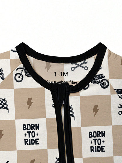 Baby Bamboo Fiber Zip-Up, Born To Ride Print Romper, All-Season Knit Fabric Skinny Fit With Zipper Detail, Boy Baby Clothes, Perfect For Outdoor