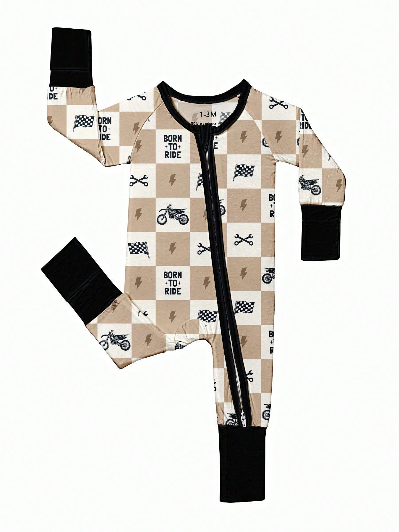 Baby Bamboo Fiber Zip-Up, Born To Ride Print Romper, All-Season Knit Fabric Skinny Fit With Zipper Detail, Boy Baby Clothes, Perfect For Outdoor