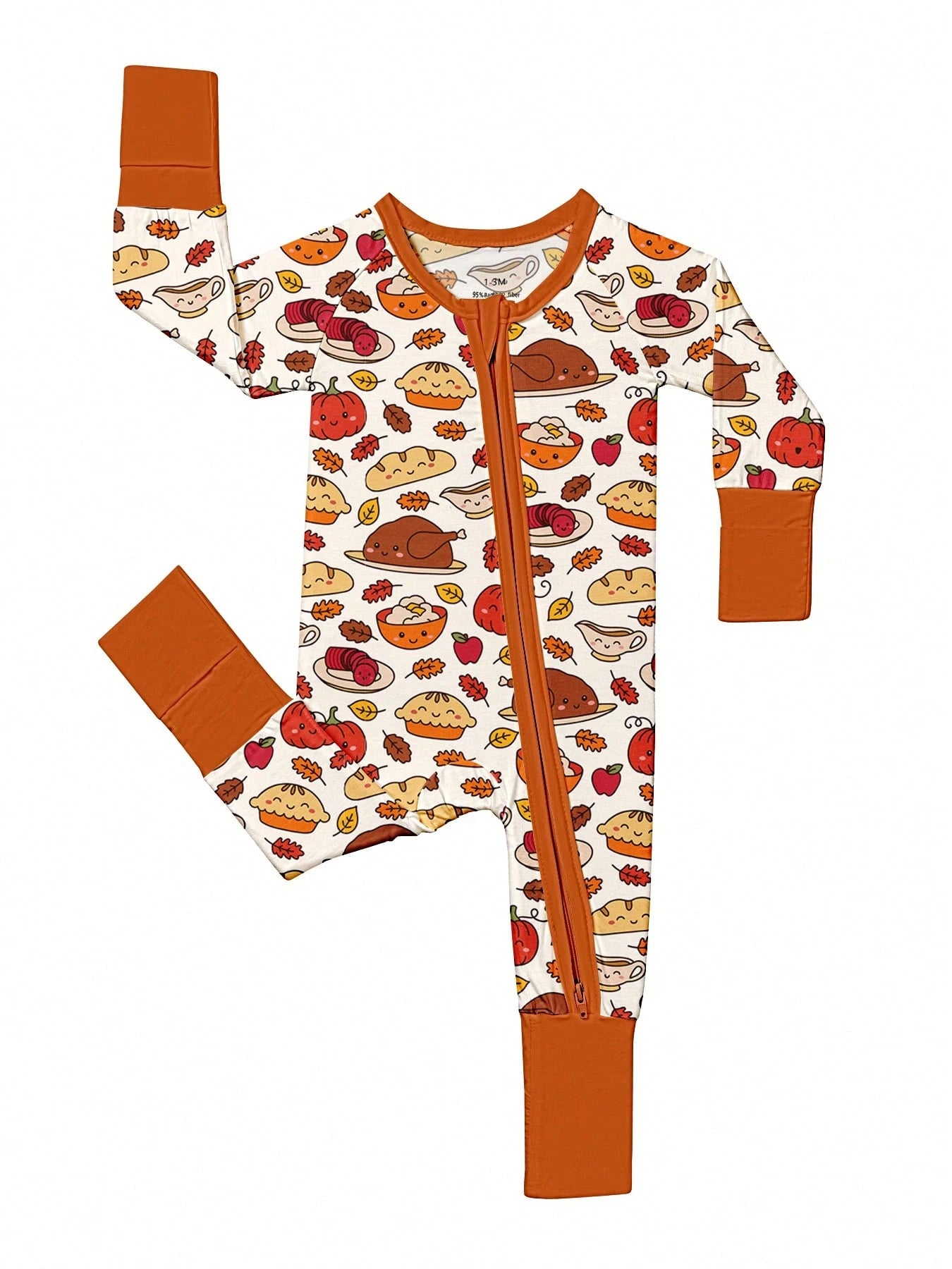 Baby Bamboo Fiber Zip-Up, Fall Turkey Pumpkin Pie Bread Print Romper, All-Season Knit Fabric Skinny Fit With Zipper Detail, Boy Baby Clothes, Perfect For Outdoor Thanksgiving Day Gift.