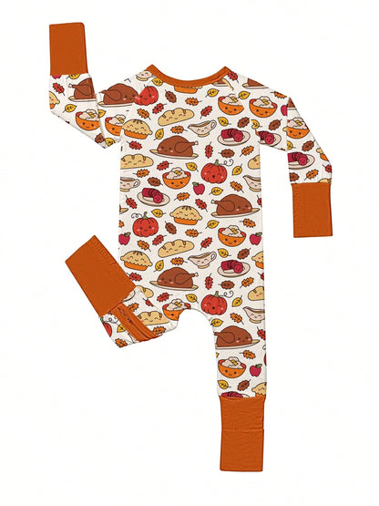 Baby Bamboo Fiber Zip-Up, Fall Turkey Pumpkin Pie Bread Print Romper, All-Season Knit Fabric Skinny Fit With Zipper Detail, Boy Baby Clothes, Perfect For Outdoor Thanksgiving Day Gift.