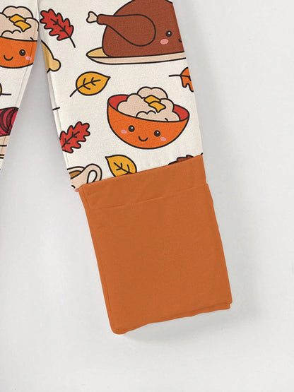 Baby Bamboo Fiber Zip-Up, Fall Turkey Pumpkin Pie Bread Print Romper, All-Season Knit Fabric Skinny Fit With Zipper Detail, Boy Baby Clothes, Perfect For Outdoor Thanksgiving Day Gift.