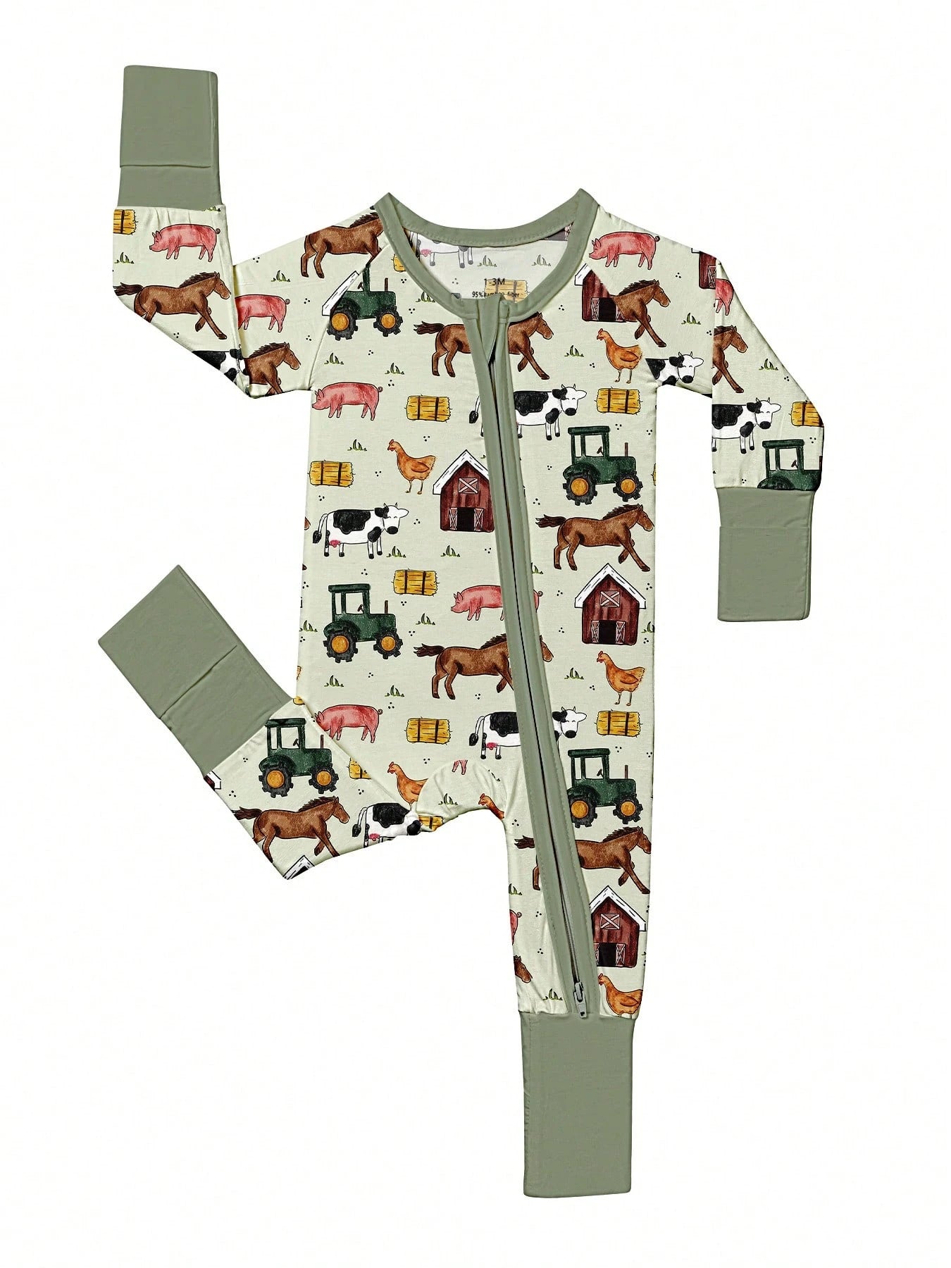 Baby Bamboo Fiber Zip-Up, Farm Cutter Pig Cattle Horse Chicken Print Romper, All-Season Knit Fabric Skinny Fit With Zipper Detail, Boy Baby Clothes, Perfect For Outdoor.