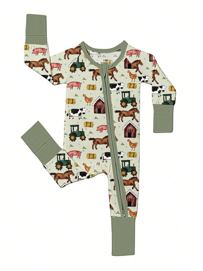 Baby Bamboo Fiber Zip-Up, Farm Cutter Pig Cattle Horse Chicken Print Romper, All-Season Knit Fabric Skinny Fit With Zipper Detail, Boy Baby Clothes, Perfect For Outdoor.