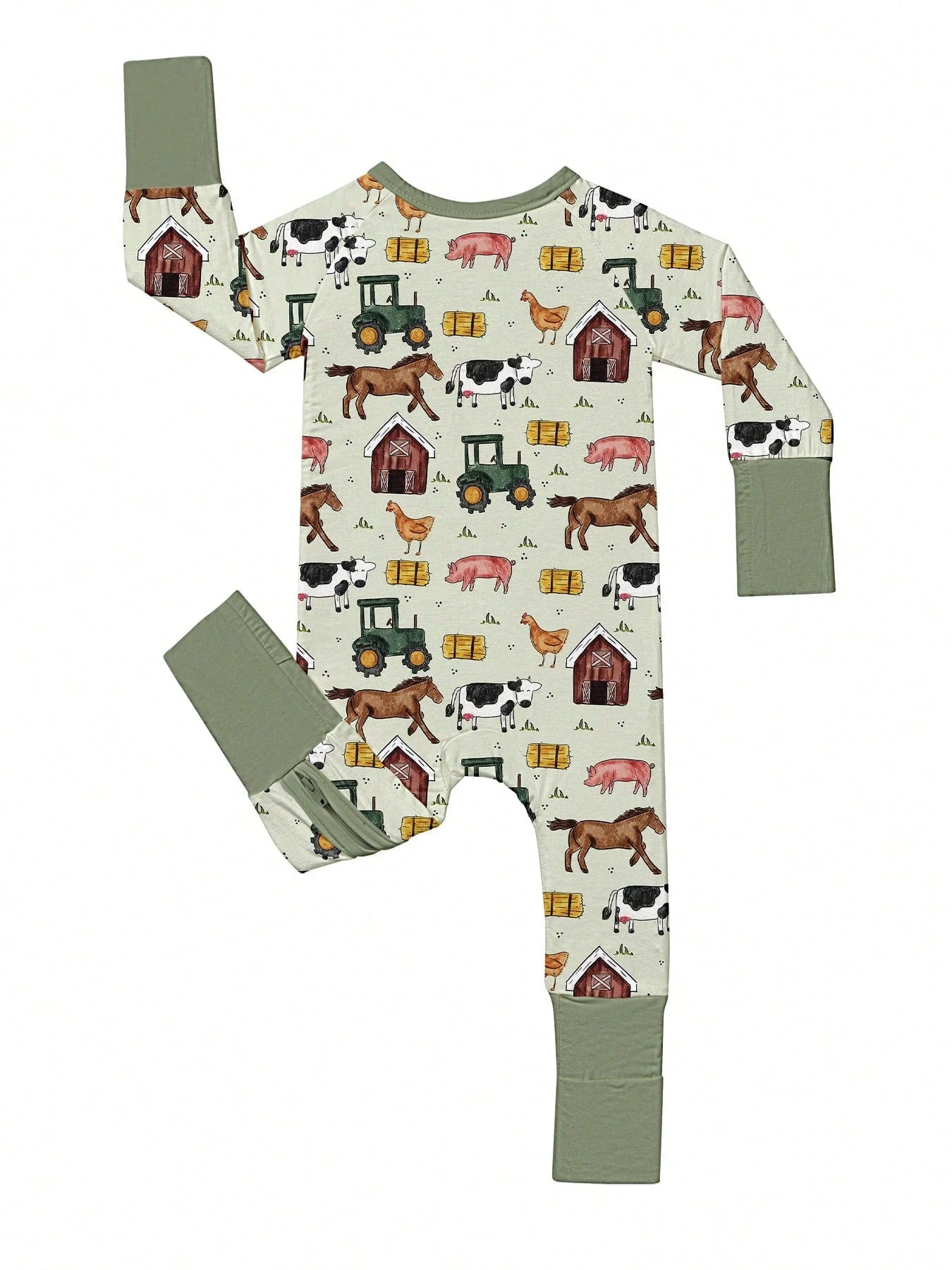 Baby Bamboo Fiber Zip-Up, Farm Cutter Pig Cattle Horse Chicken Print Romper, All-Season Knit Fabric Skinny Fit With Zipper Detail, Boy Baby Clothes, Perfect For Outdoor.