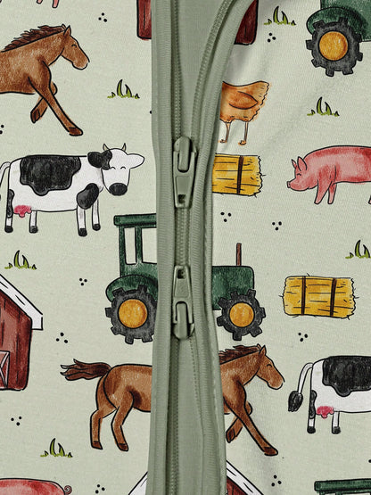 Baby Bamboo Fiber Zip-Up, Farm Cutter Pig Cattle Horse Chicken Print Romper, All-Season Knit Fabric Skinny Fit With Zipper Detail, Boy Baby Clothes, Perfect For Outdoor.