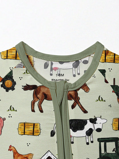 Baby Bamboo Fiber Zip-Up, Farm Cutter Pig Cattle Horse Chicken Print Romper, All-Season Knit Fabric Skinny Fit With Zipper Detail, Boy Baby Clothes, Perfect For Outdoor.