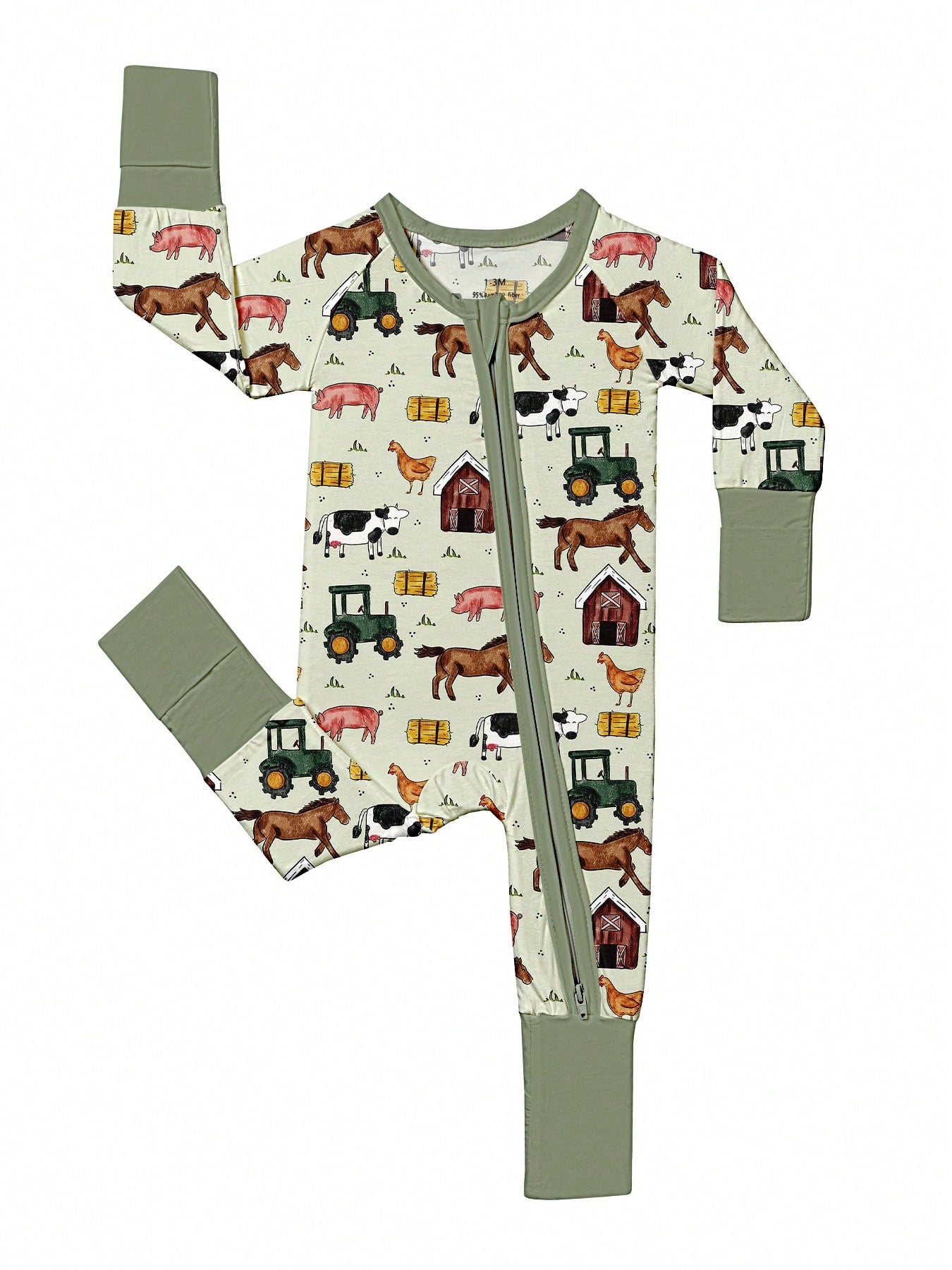 Baby Bamboo Fiber Zip-Up, Farm Cutter Pig Cattle Horse Chicken Print Romper, All-Season Knit Fabric Skinny Fit With Zipper Detail, Boy Baby Clothes, Perfect For Outdoor.