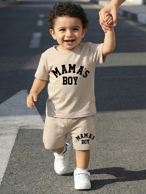 Baby Boy 2-Piece Set:Mama's Boy English Letter Round Neck Short Sleeve T-Shirt And Shorts,Silver,Summer,Casual,Beach,Y2K Street Fashion Sports Style