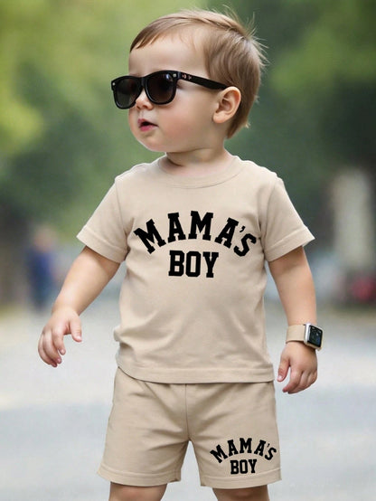 Baby Boy 2-Piece Set:Mama's Boy English Letter Round Neck Short Sleeve T-Shirt And Shorts,Silver,Summer,Casual,Beach,Y2K Street Fashion Sports Style