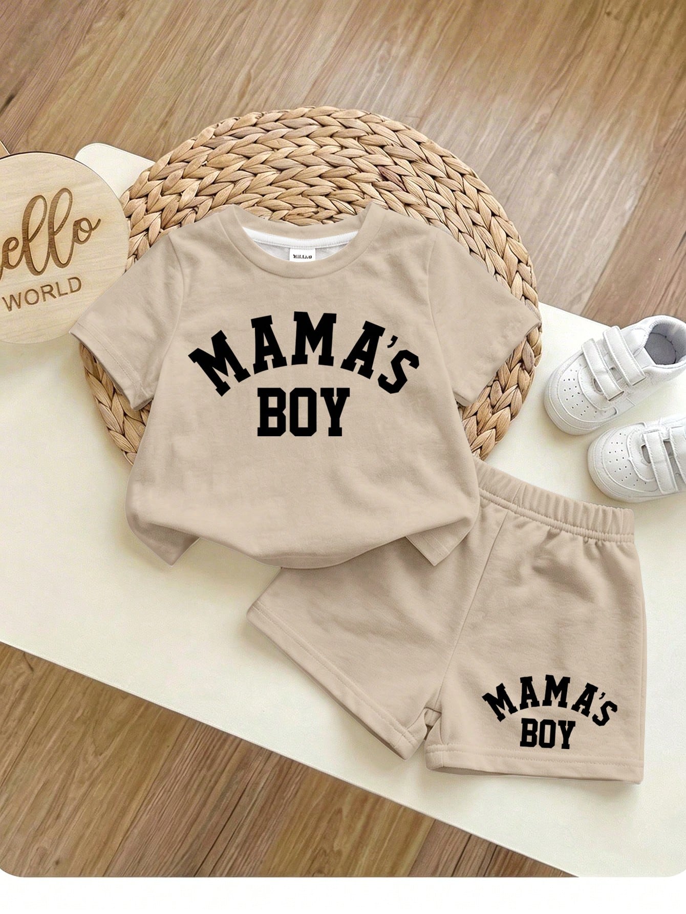 Baby Boy 2-Piece Set:Mama's Boy English Letter Round Neck Short Sleeve T-Shirt And Shorts,Silver,Summer,Casual,Beach,Y2K Street Fashion Sports Style