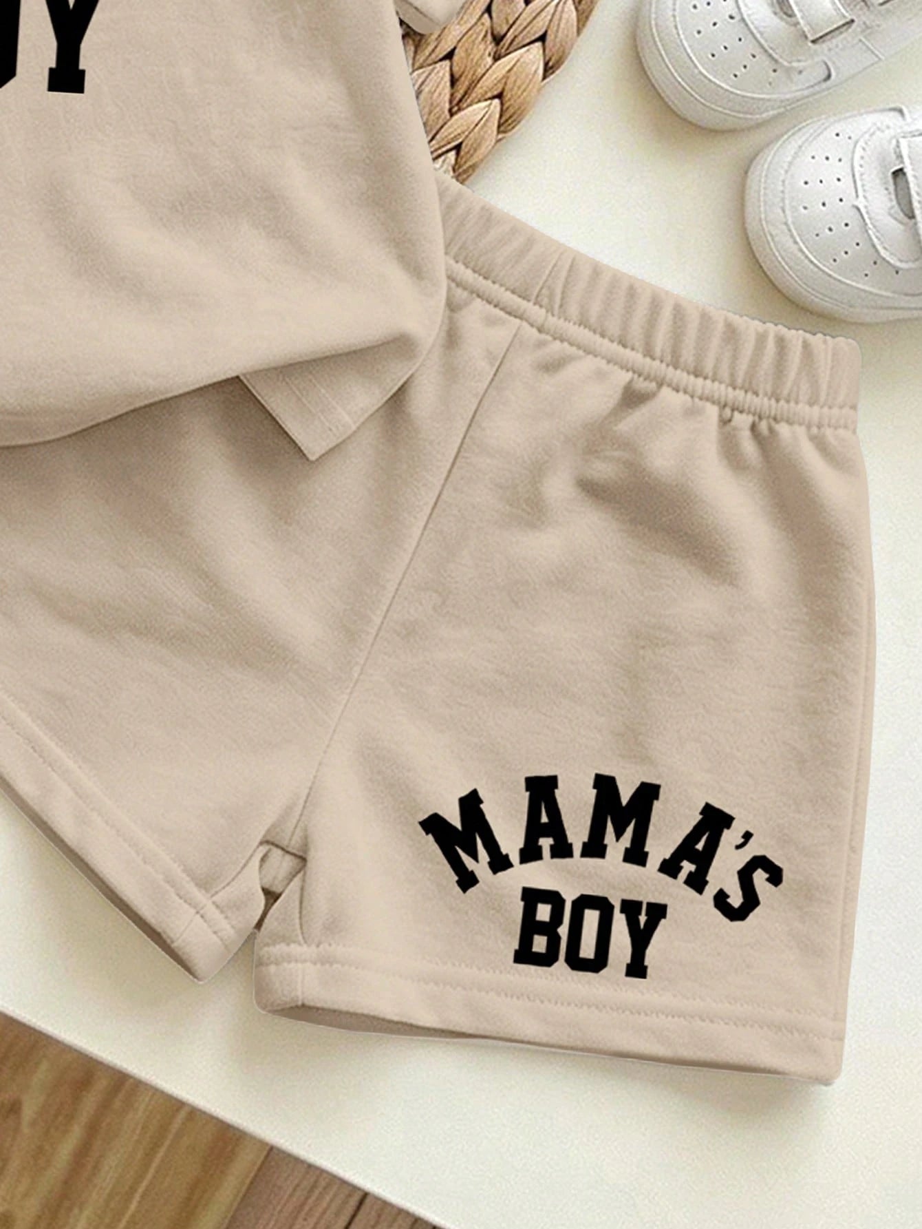 Baby Boy 2-Piece Set:Mama's Boy English Letter Round Neck Short Sleeve T-Shirt And Shorts,Silver,Summer,Casual,Beach,Y2K Street Fashion Sports Style