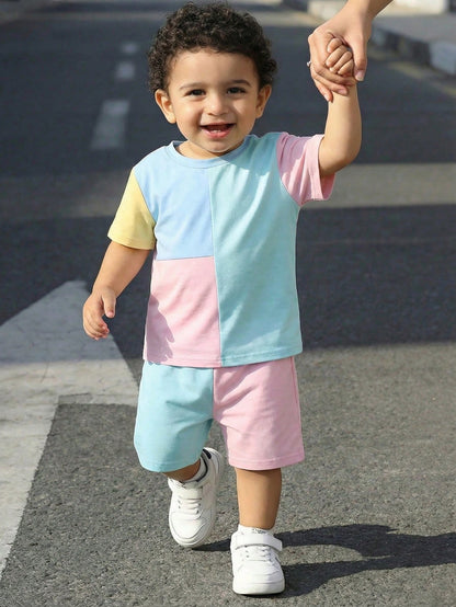 Baby Boy 2-Piece Set:Mama's Boy English Letter Round Neck Short Sleeve T-Shirt And Shorts,Silver,Summer,Casual,Beach,Y2K Street Fashion Sports Style
