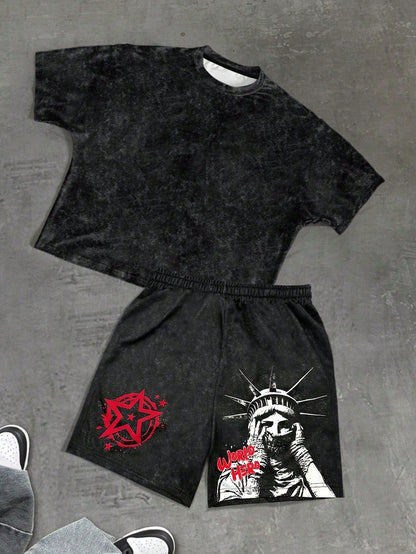 Baby Boy Casual Minimalist T-Shirt Set Suitable For Summer, New Arrival Casual Minimalist, Y2K, Statue Of Liberty Classic Fashion, Tie-Dye, Cool Style, Sports Style, Loose Comfortable Crew Neck Short