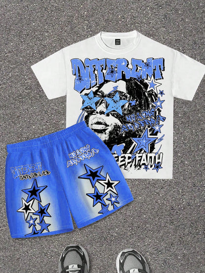 Baby Boy Casual Minimalist T-Shirt Set Suitable For Summer, New Arrival Casual Minimalist, Y2K, Statue Of Liberty Classic Fashion, Tie-Dye, Cool Style, Sports Style, Loose Comfortable Crew Neck Short
