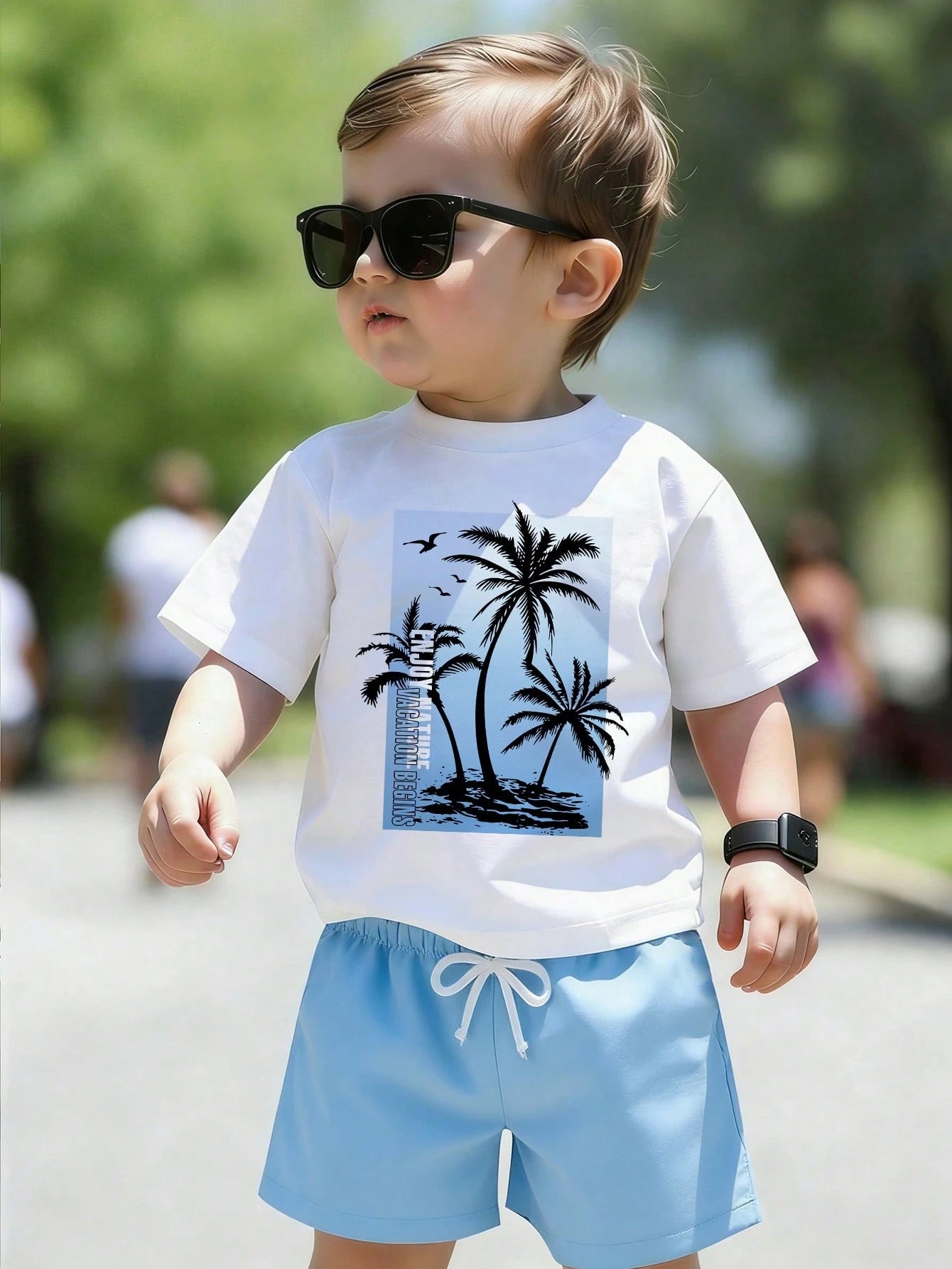 Baby Boy Coconut Tree Print Round Neck Short Sleeve T-Shirt And Shorts Casual Daily Outfit
