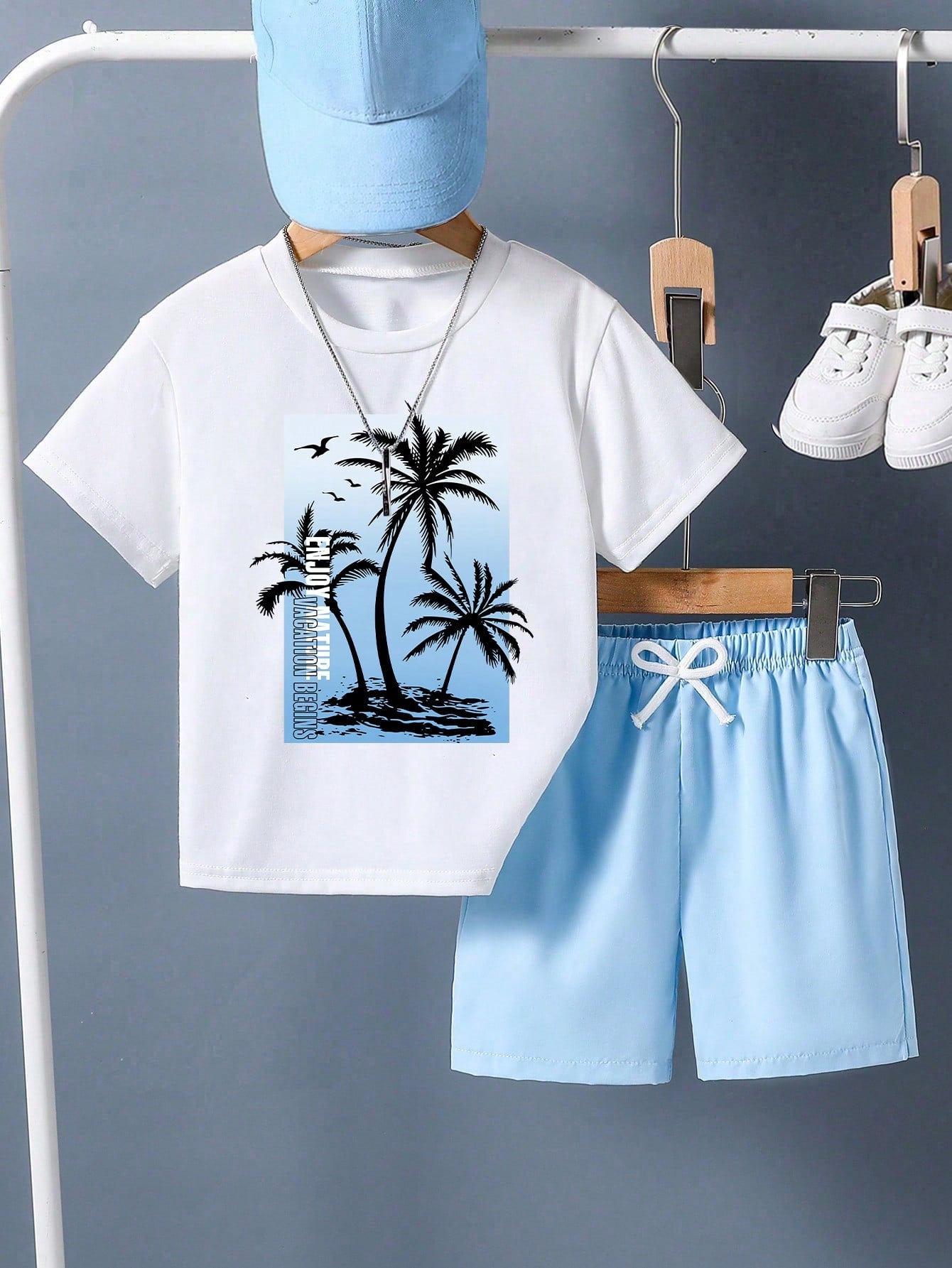 Baby Boy Coconut Tree Print Round Neck Short Sleeve T-Shirt And Shorts Casual Daily Outfit